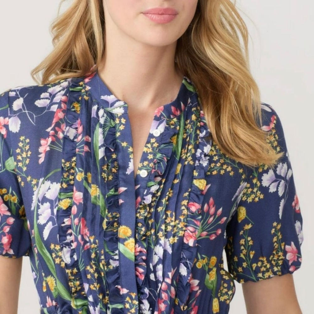 J.McLaughlin Silk Blend Floral Tiered Midi Dress Blue Ruffle Neck Pockets XL - Picture 2 of 12